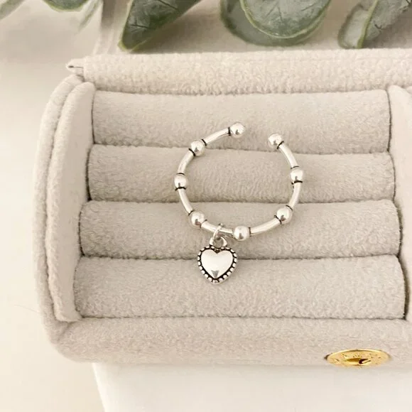 925 Sterling Silver Minimalist Ring Dainty Ring Dangle Heart Ring - Picture 7 of 8